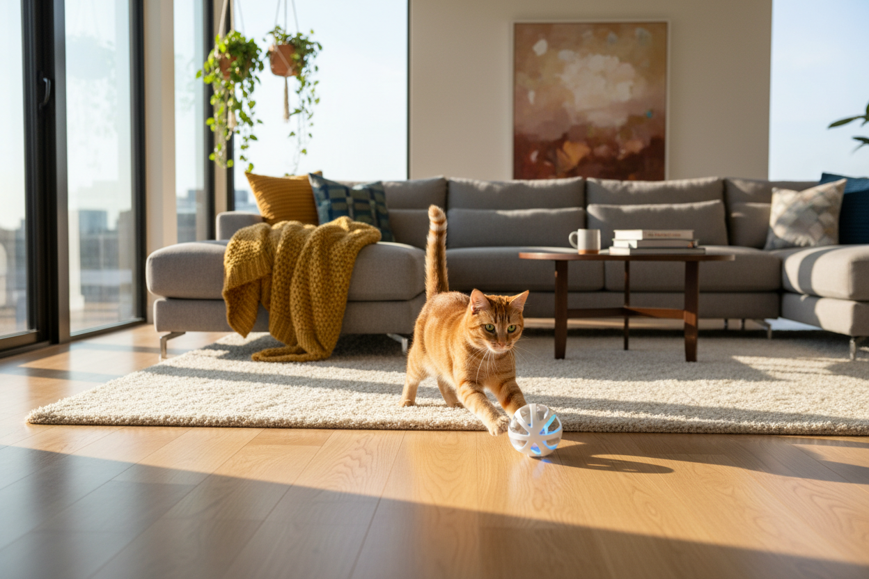 a cat playing with interactive ball toy