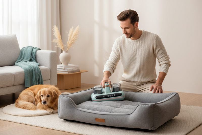 man using a vacuum on a pet mattress with a dog sitting beside 
