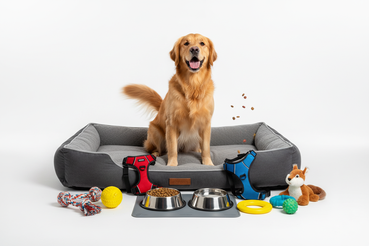 a dog holding a dumbbell chew toy in its mouth 