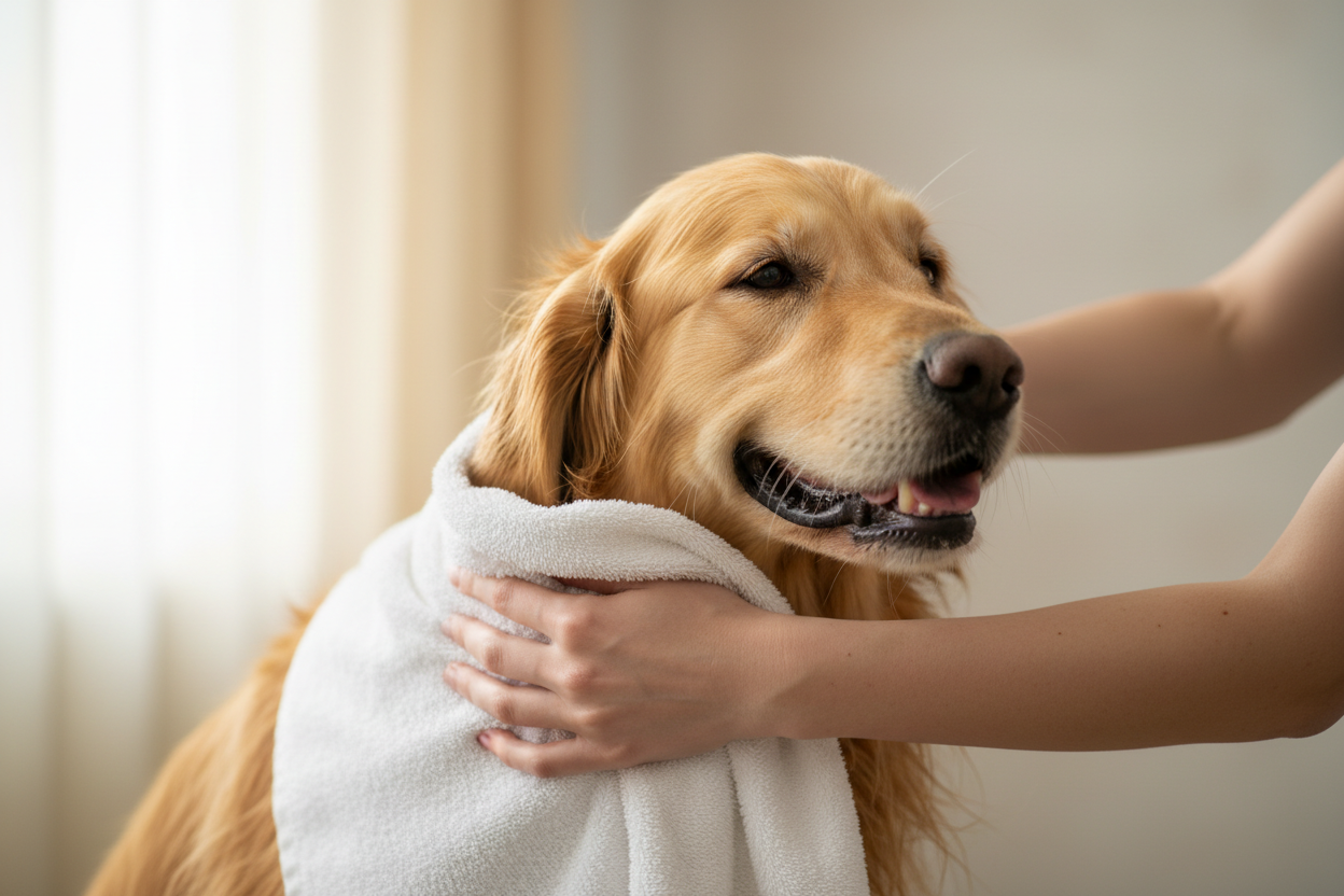 a dog with a towel wrapped around it after a grooming session