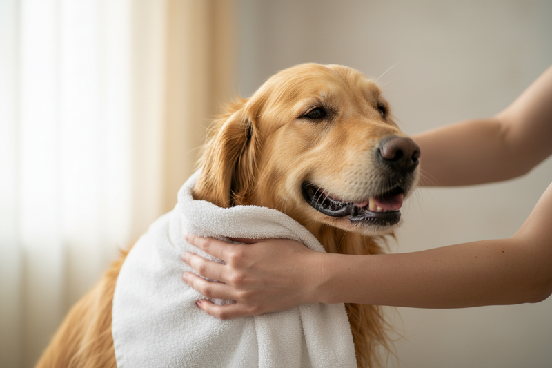 a dog with a towel wrapped around it after a grooming session