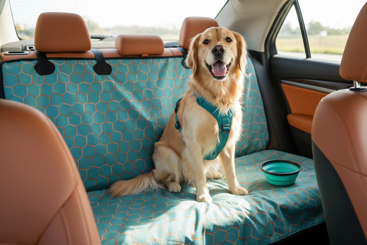 pet travel accessories on a green background
