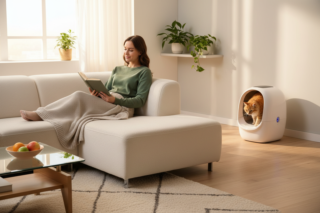 a woman reading a book with a cat using a smart litter box in a modern living room