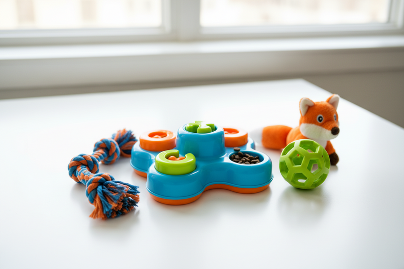 interactive dog toys and puzzles on a white countertop