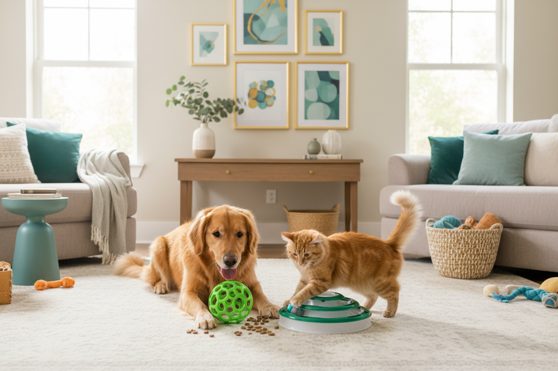 dogs and cats playing and solving pet puzzles