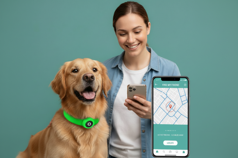 dog with smart collar and a woman holding a phone with a phone screen showing location pin