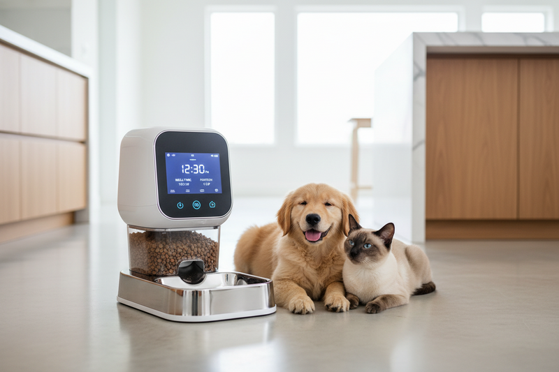 dog and cat sitting on a wooden floor next to an automatic pet feeder