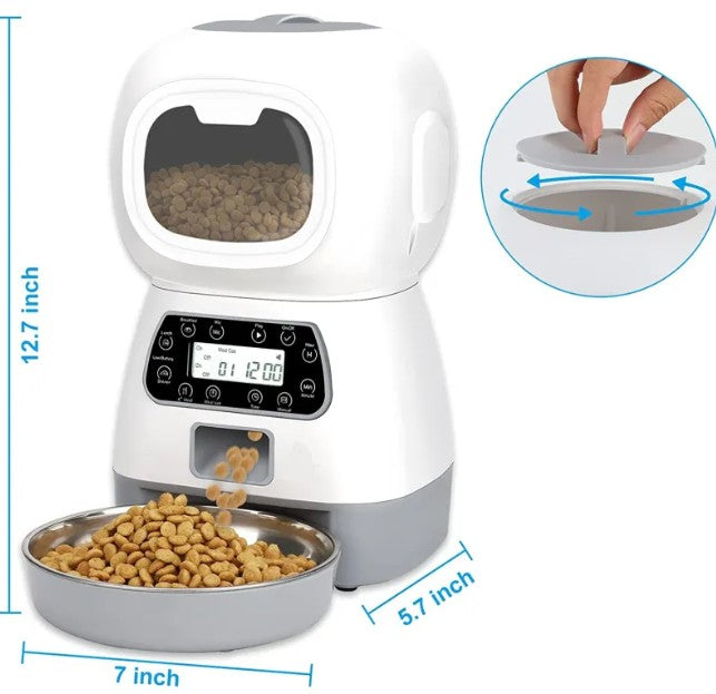Pet food dispenser with measurements and a close-up of a hand opening the top lid.