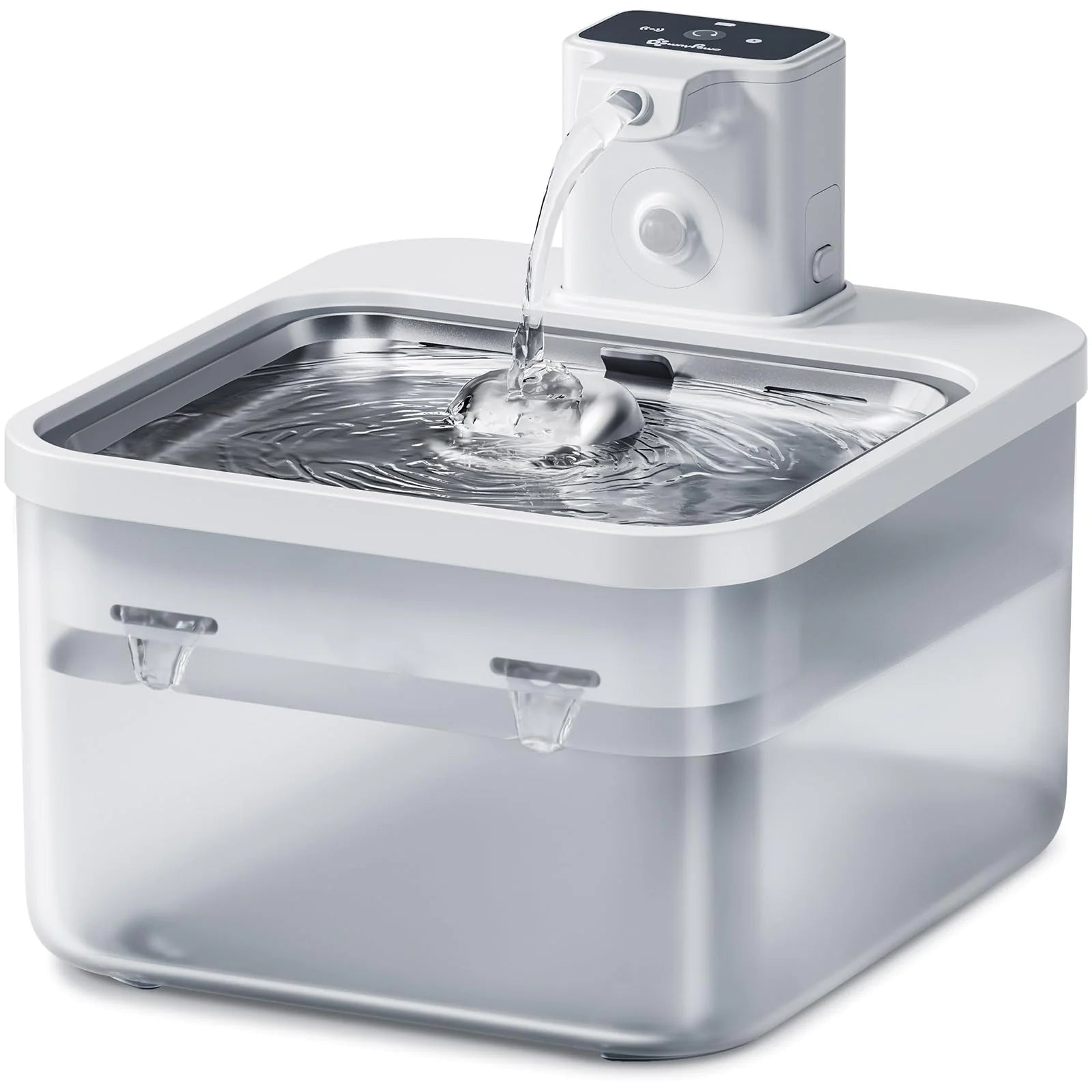 Pet water fountain with water flowing on a white background