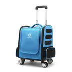 Blue suitcase with black accents and wheels on a white background