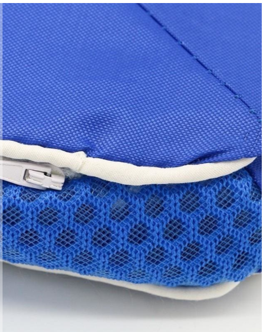 Blue mesh bag with a zipper on a white background