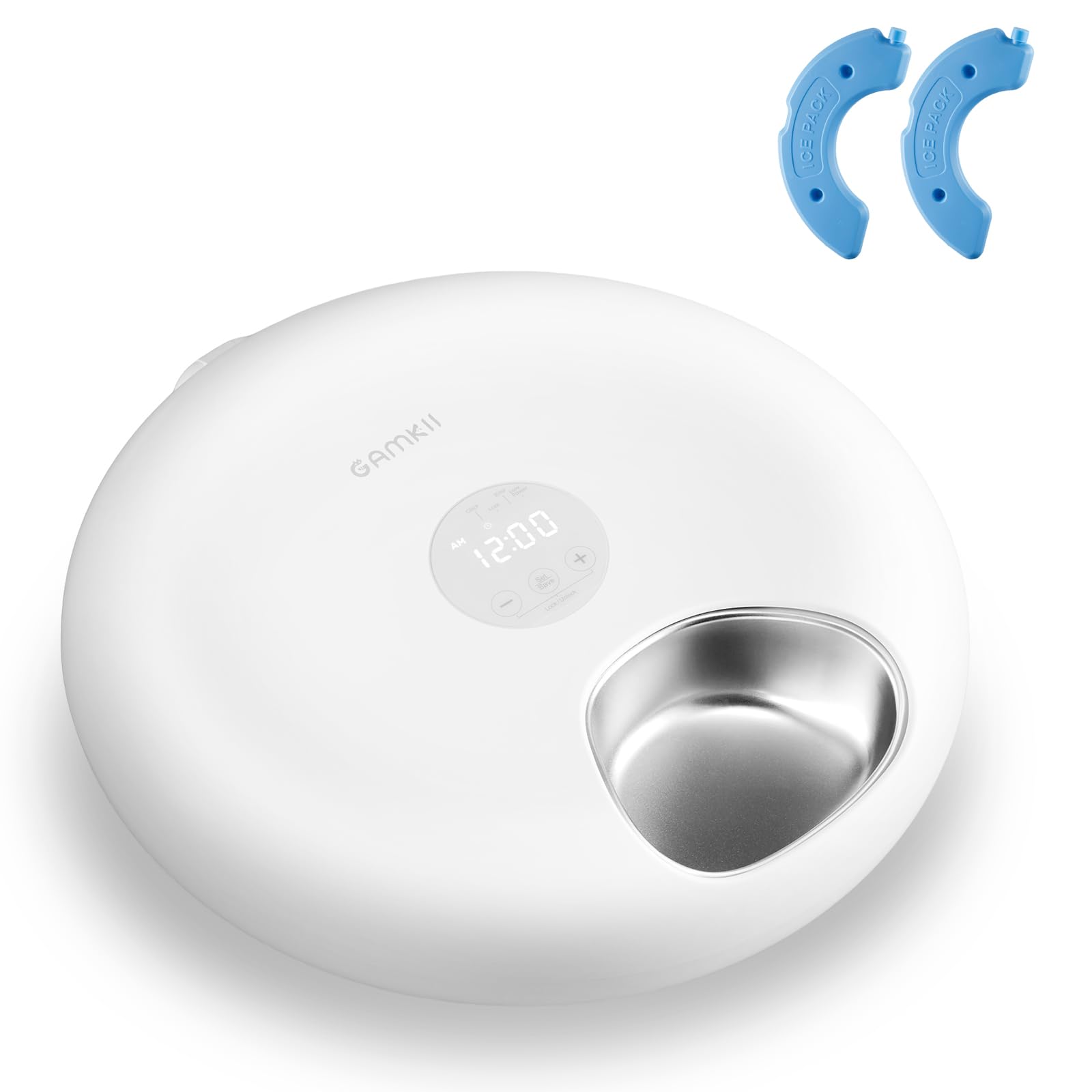 White electronic device with a digital display and a metallic bowl-like component, accompanied by two blue plastic parts on a white background.