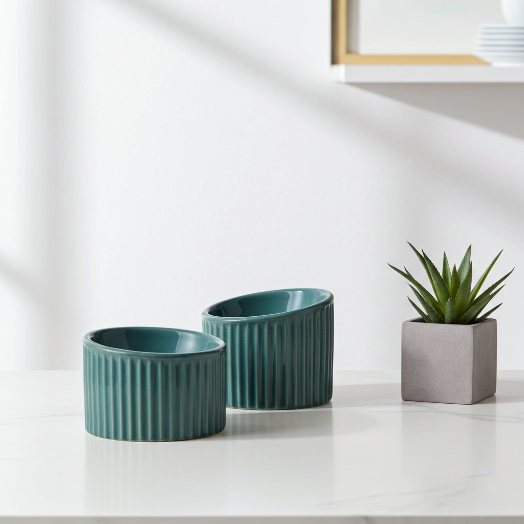 Elevated Ceramic Cat Bowls - Tilted Ergonomic Design for Indoor Cats