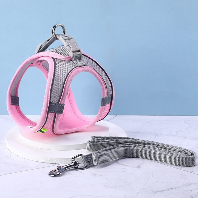 Pink and gray cat harness with a matching leash on a light blue background