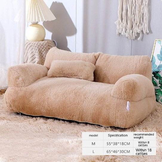 Beige plush sofa with size and weight information label on a light background