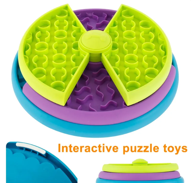 Colorful interactive puzzle toy with green, purple, and blue sections on a white background.