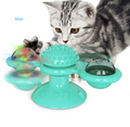 Cat playing with a teal rotating pet toy on a white background