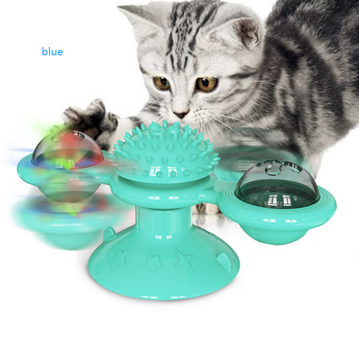 Cat playing with a teal rotating pet toy on a white background