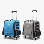 Two rolling suitcases, one blue and one gray, with visible brand logo on a white background.