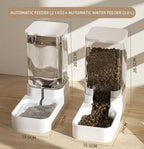 Two automatic pet feeders with dimensions displayed on a wooden surface.