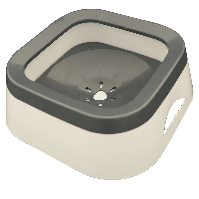 Square pet bowl with gray interior and beige exterior on a white background