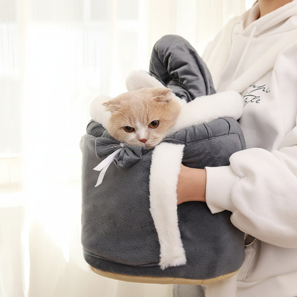 Cat in a gray pet carrier with white trim, held by a person wearing a white coat.