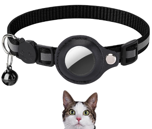 Black cat collar with reflective buckle on a white background