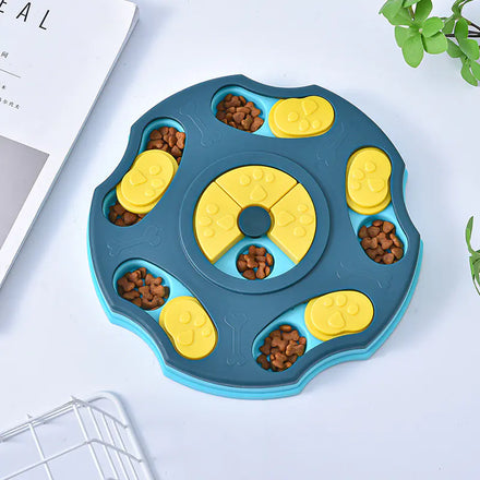 Pet puzzle toy with food compartments on a white surface
