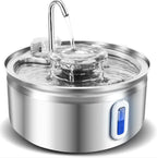 Stainless steel pet water fountain on a white background
