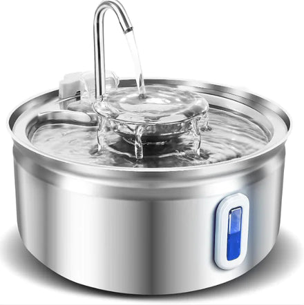 Stainless steel pet water fountain on a white background