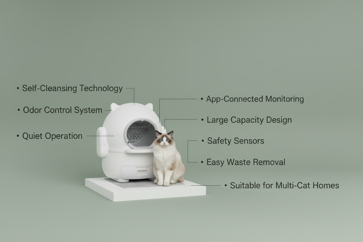 Cat sitting next to a modern litter box in a bright room with a pink wall.