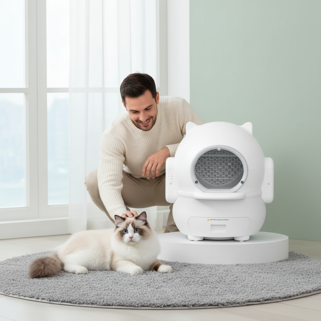 White pet dryer with a cat sitting on a rug in a room with pink walls and a window.