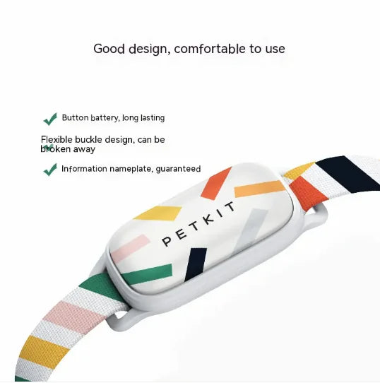 Colorful pet collar with a white device, featuring the PETKIT brand, on a white background.