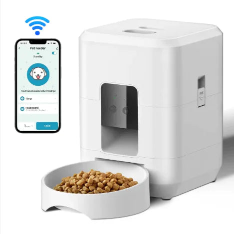 White pet feeder with bowl of food and smartphone app interface on a white background