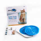 Cat toilet training kit with packaging, blue lids, and leaflets on a white background