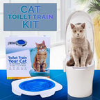 Cat toilet training kit with a cat sitting on a small toilet seat, packaging, and blue training pad.