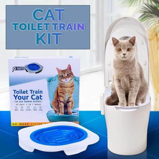 Cat toilet training kit with a cat sitting on a small toilet seat, packaging, and blue training pad.