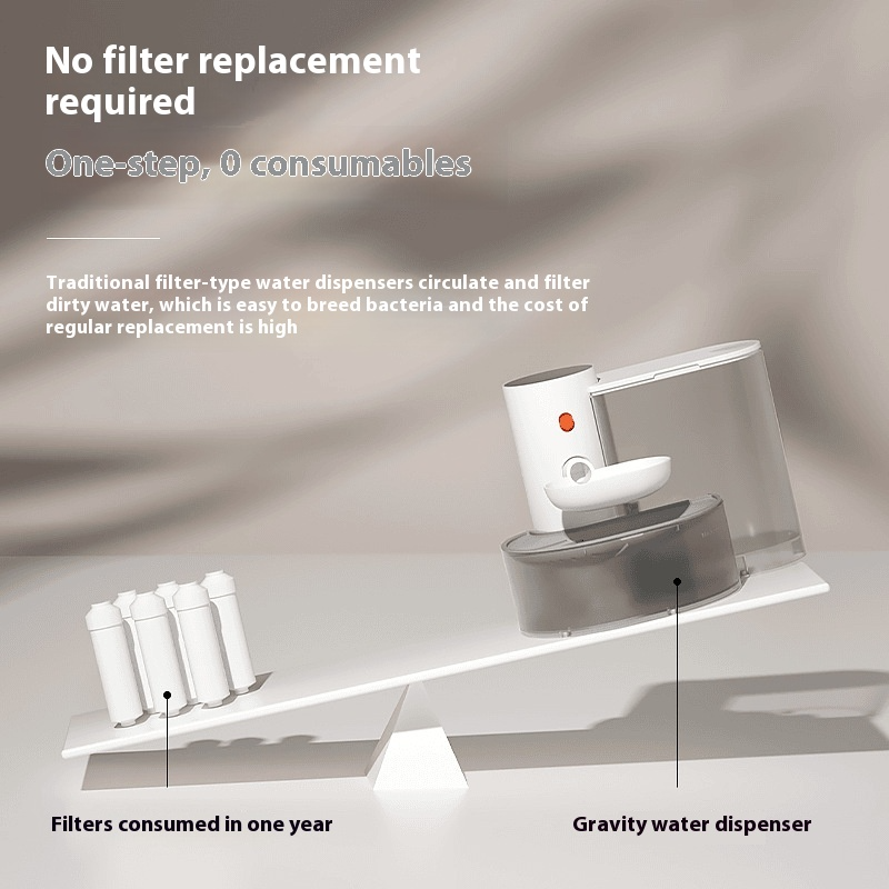 Gravity water dispenser with text highlighting no filter replacement required