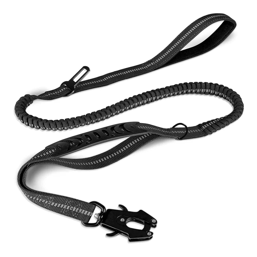 Black dog leash with handle on a white background