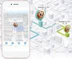 Phone screen showing a pet tracking app with location markers on a map.