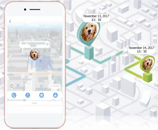 Phone screen showing a pet tracking app with location markers on a map.