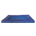 Blue pet bed with white trim on a white background
