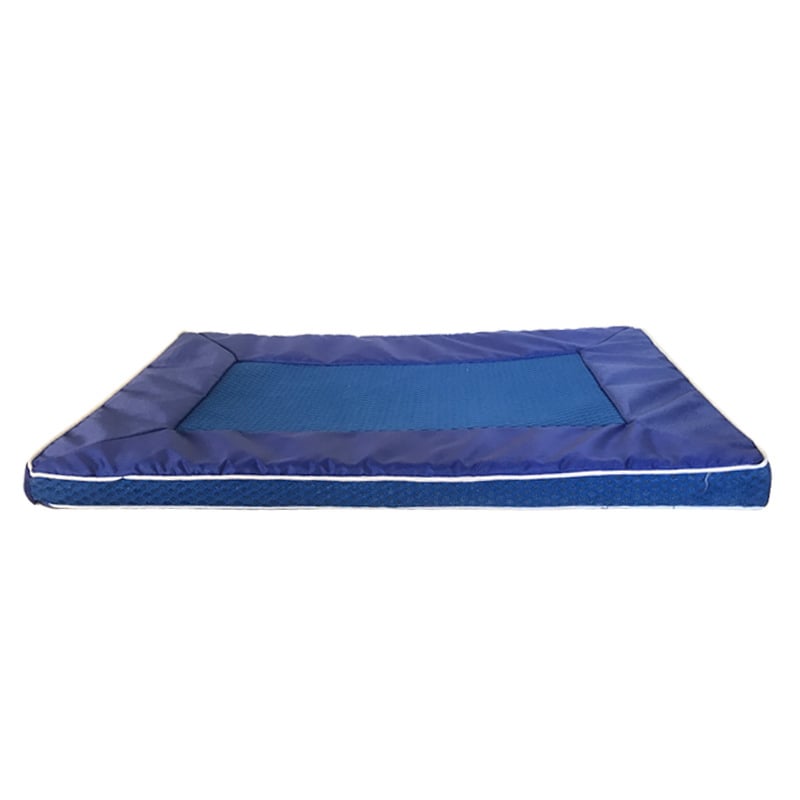 Blue pet bed with white trim on a white background