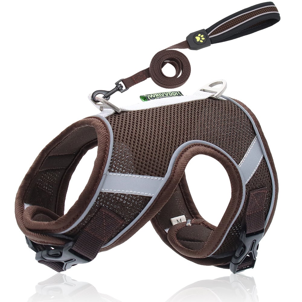 Brown dog harness with reflective strip and matching leash on a white background