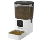 Pet food dispenser with a clear container showing dry food and a white base.