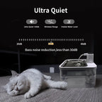 Cat lying next to a pet water fountain with ultra quiet features displayed on screen.