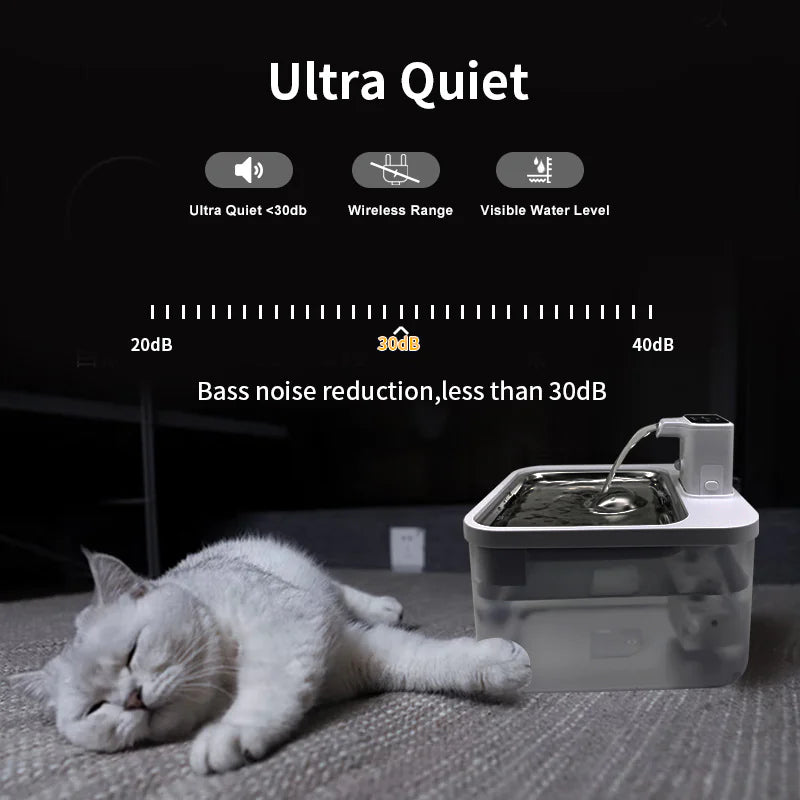 Cat lying next to a pet water fountain with ultra quiet features displayed on screen.