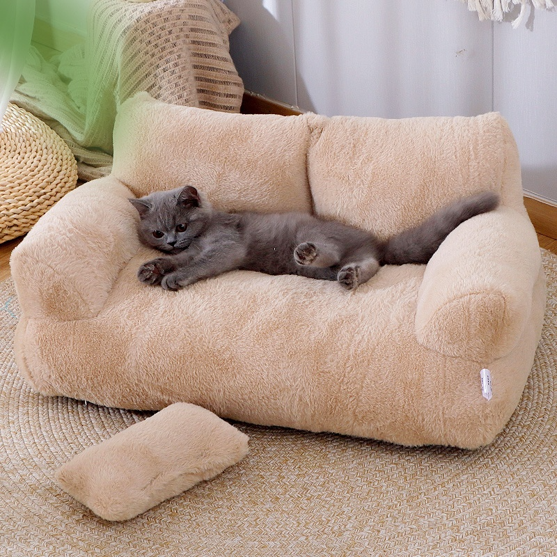 Gray kitten lying on a beige pet sofa in a cozy room.
