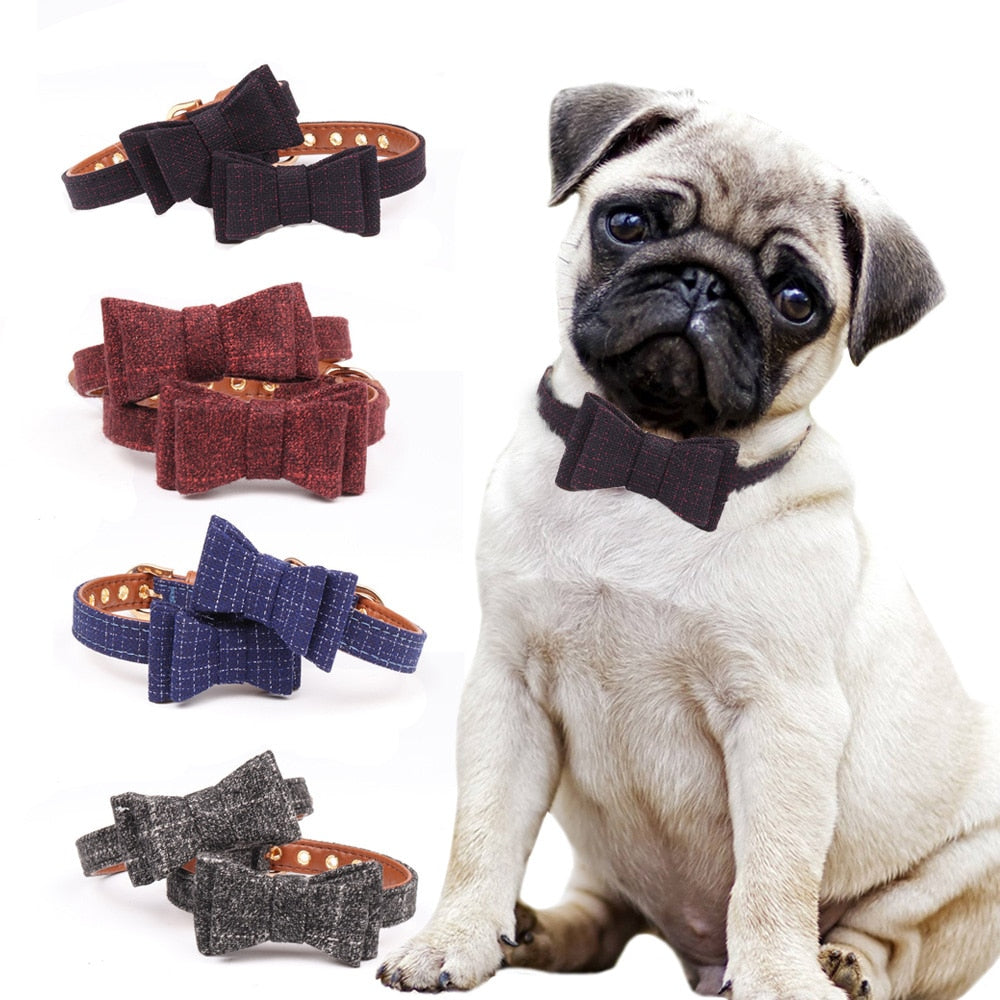Pug wearing a bow tie with various other bow ties displayed on a white background
