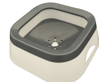 Square pet water bowl with gray interior and beige exterior on a white background